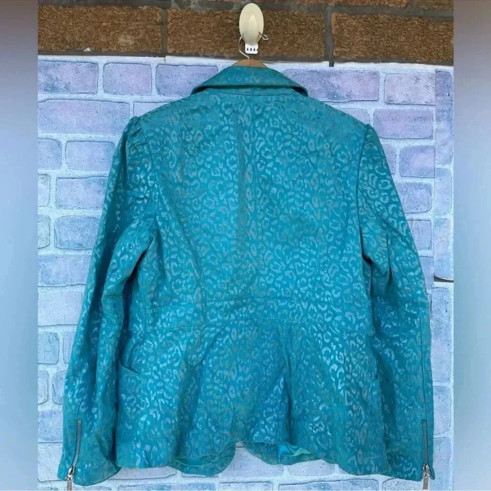 Pamela McCoy Turquoise Cheetah Leopard Print 100% Leather Full Zip Jacket medium